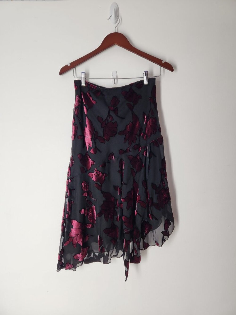 Black sheer velvet burnout burgundy floral print skirt asymmetric ruffle hem 4
